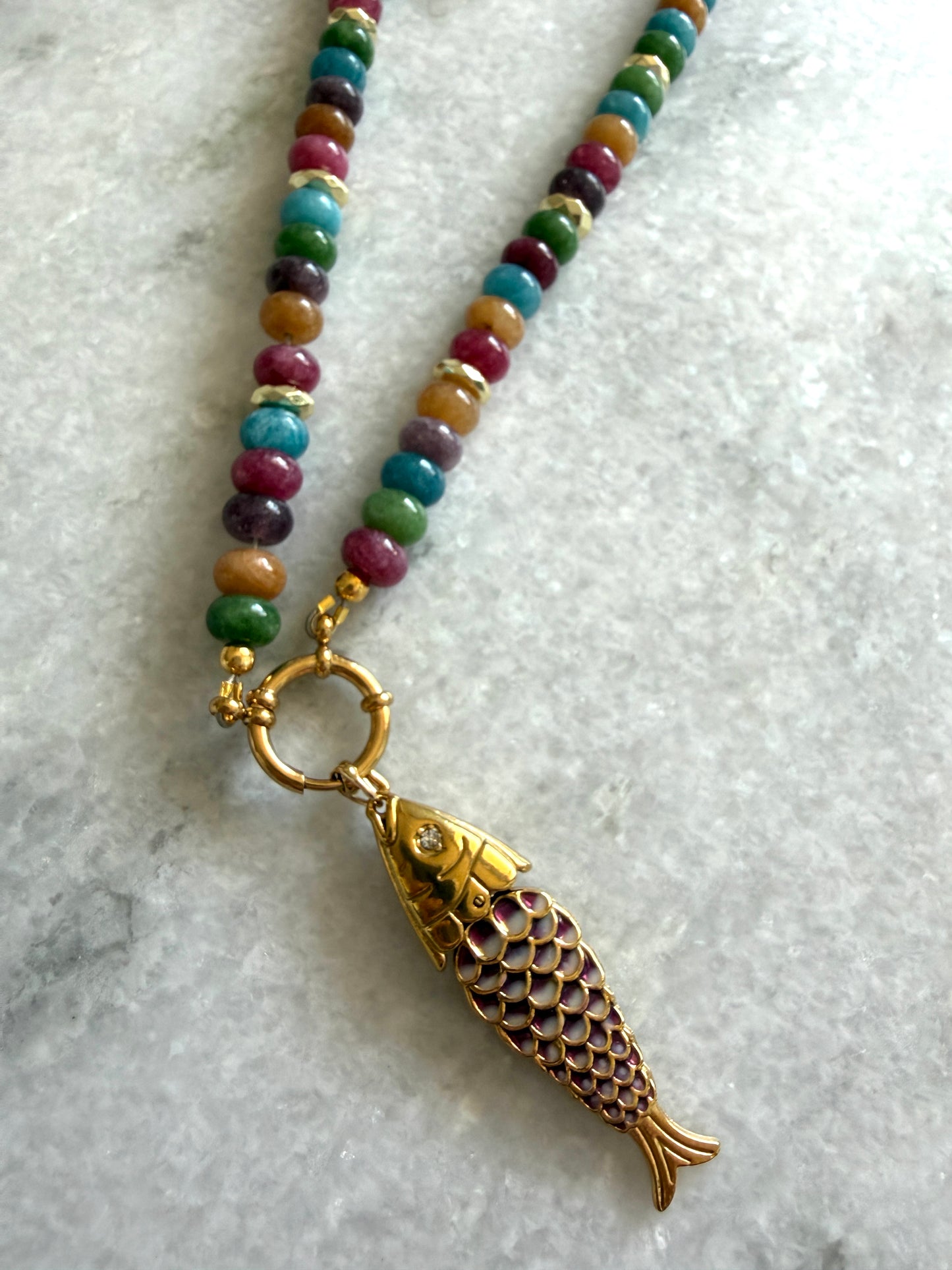 Gemstone Fish Charm Necklace